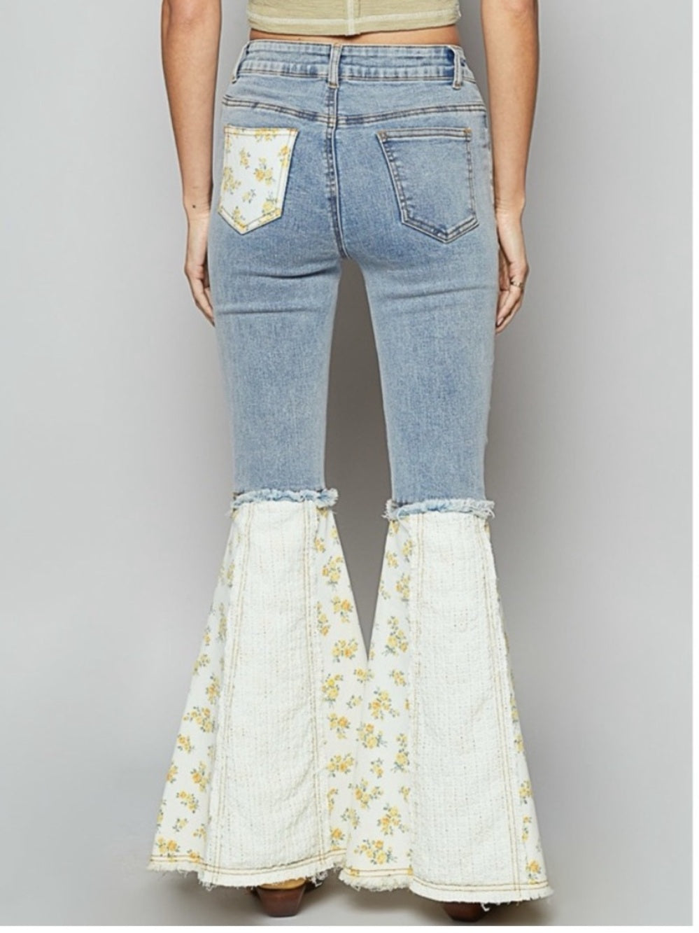 A529 POL Embroidered Light Blue Flare Jeans with Floral Inserts