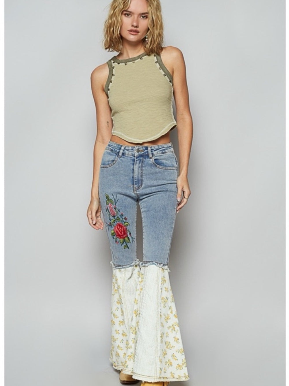 A529 POL Embroidered Light Blue Flare Jeans with Floral Inserts