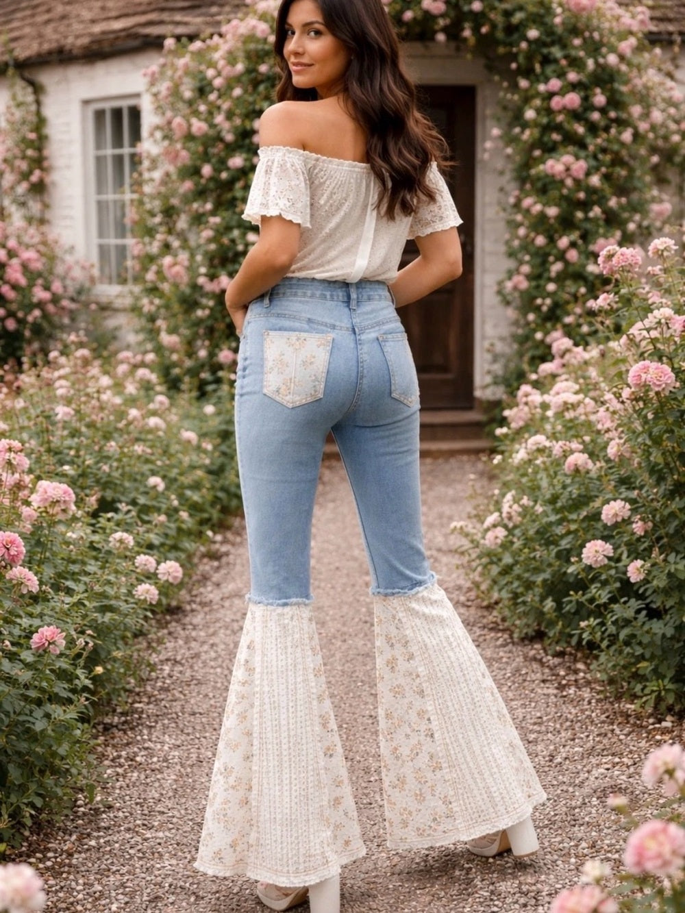 A529 POL Embroidered Light Blue Flare Jeans with Floral Inserts