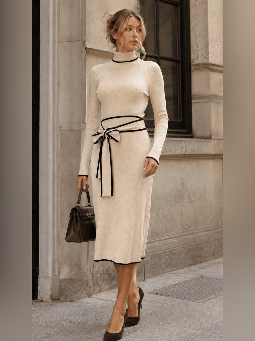 A530 Elegant Cream Knit Midi Dress with Contrast Trim
