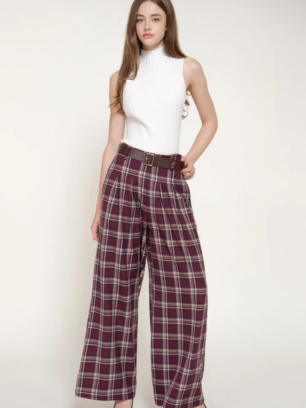 A532. High-Waist Wide-Leg Plaid Pants in Burgundy