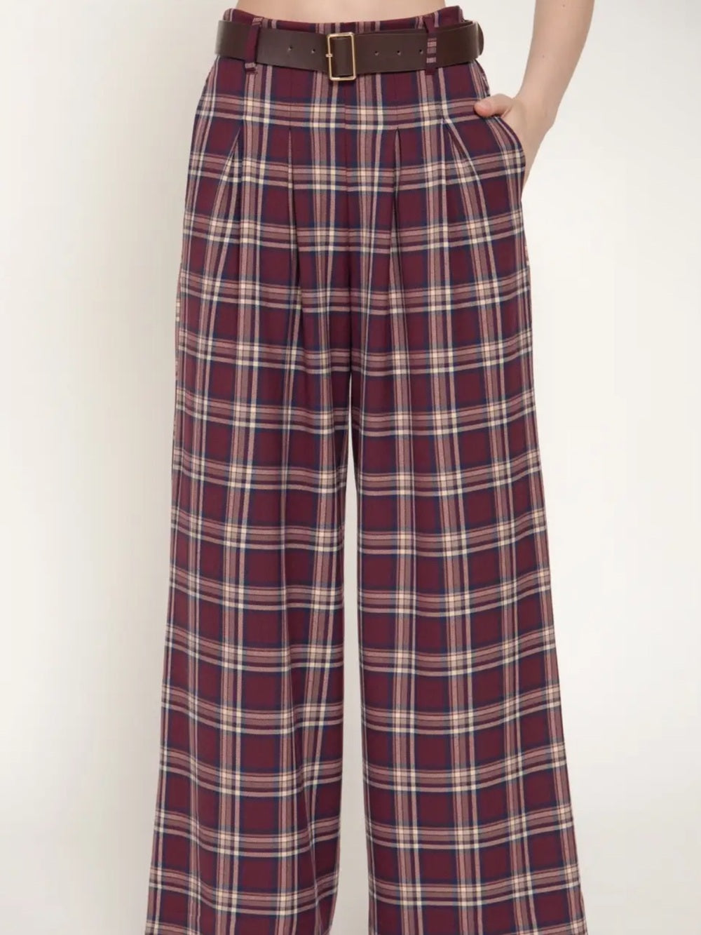 A532. High-Waist Wide-Leg Plaid Pants in Burgundy