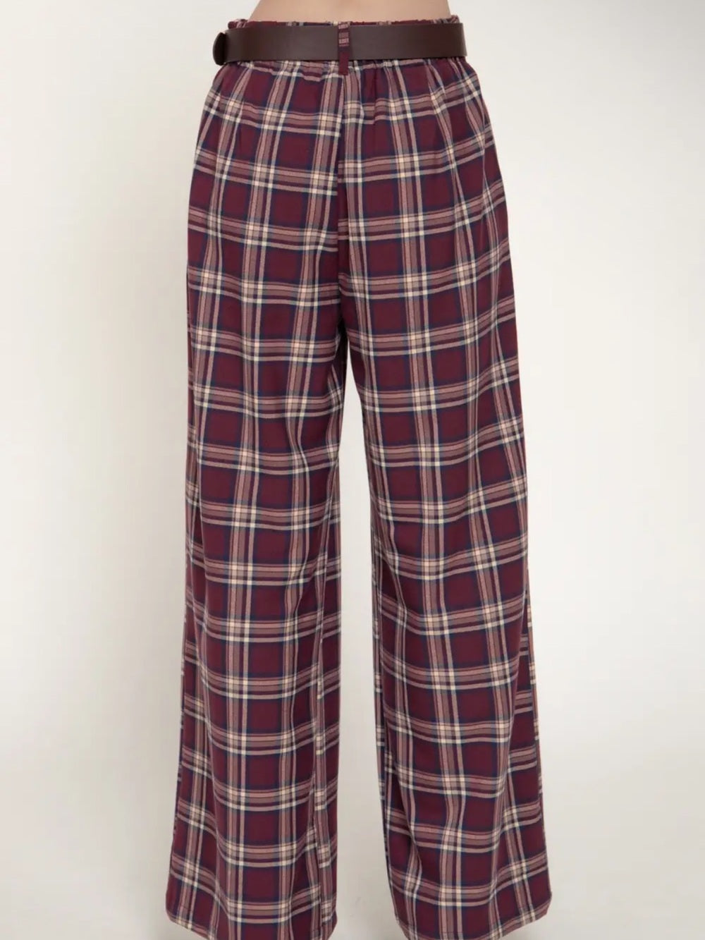 A532. High-Waist Wide-Leg Plaid Pants in Burgundy