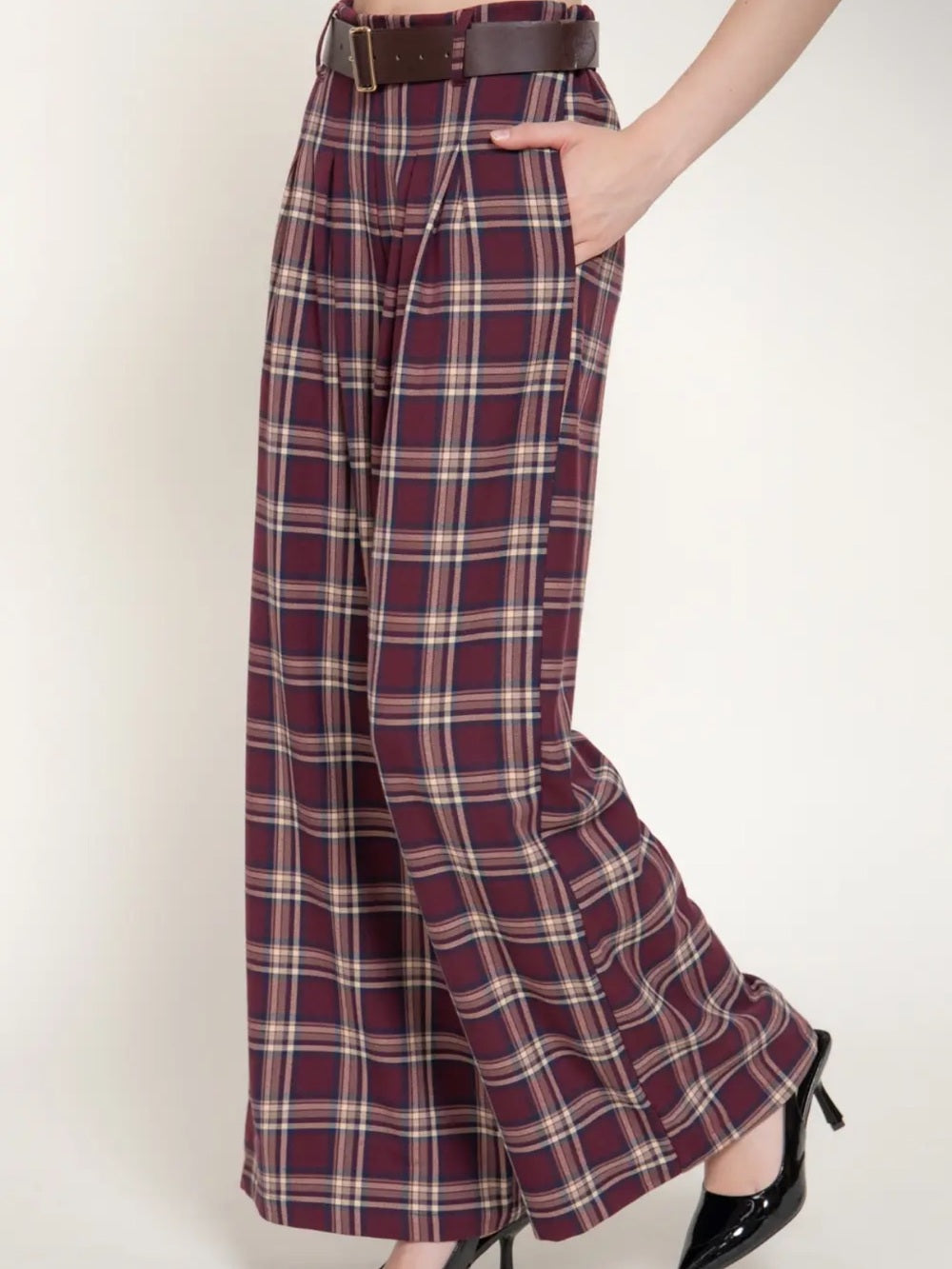 A532. High-Waist Wide-Leg Plaid Pants in Burgundy