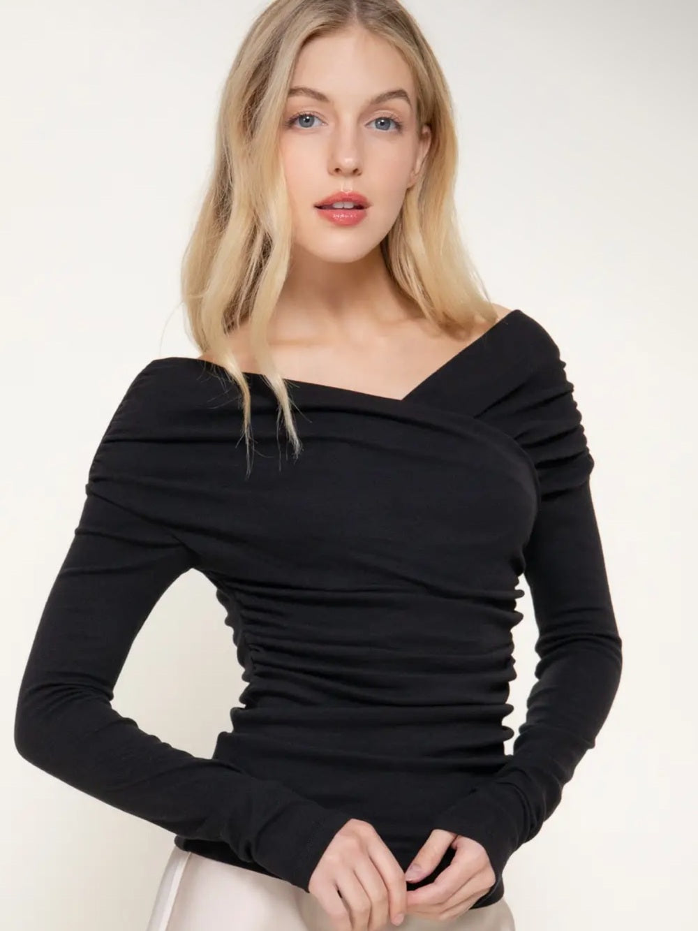 A533. Classic Black Off-Shoulder Ruched Long Sleeve Top