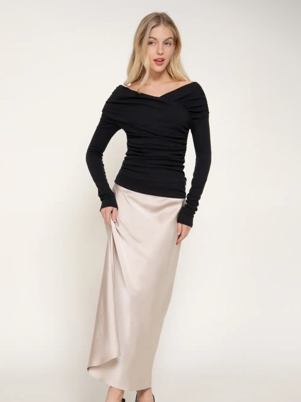 A533. Classic Black Off-Shoulder Ruched Long Sleeve Top