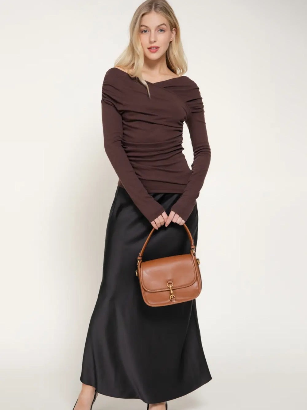 A534. Brown Off-Shoulder Ruched Long Sleeve Top