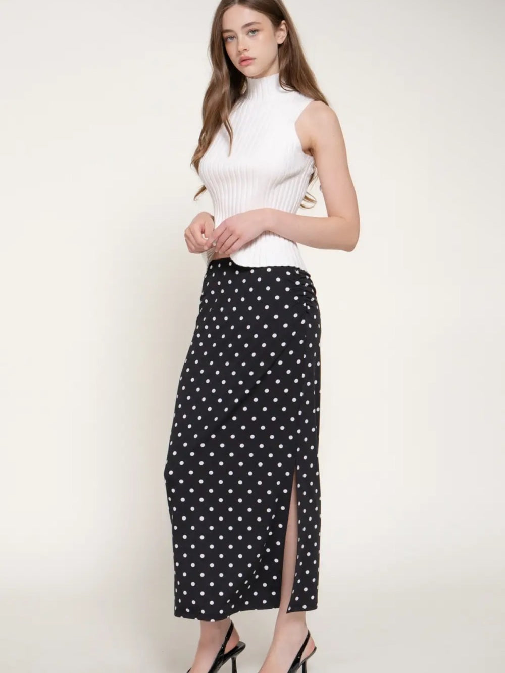 A537. Polka Dot Maxi Skirt with Side Slit - Black & White