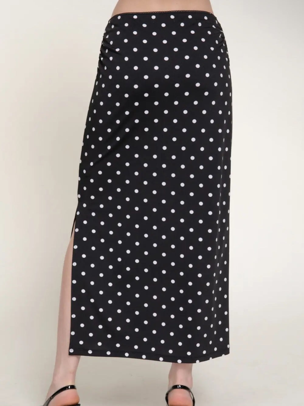 A537. Polka Dot Maxi Skirt with Side Slit - Black & White