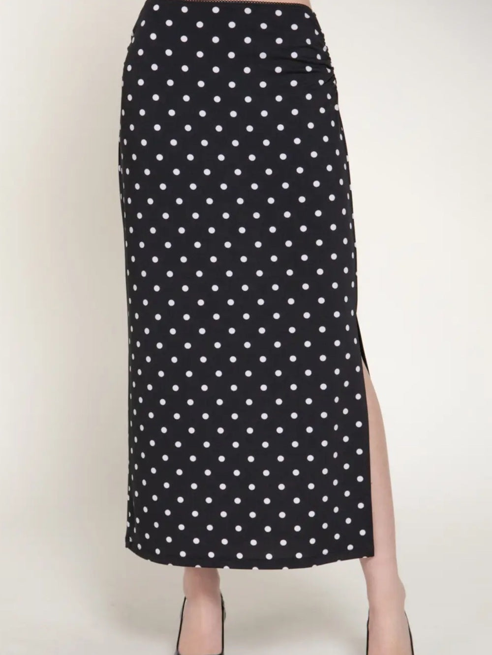 A537. Polka Dot Maxi Skirt with Side Slit - Black & White