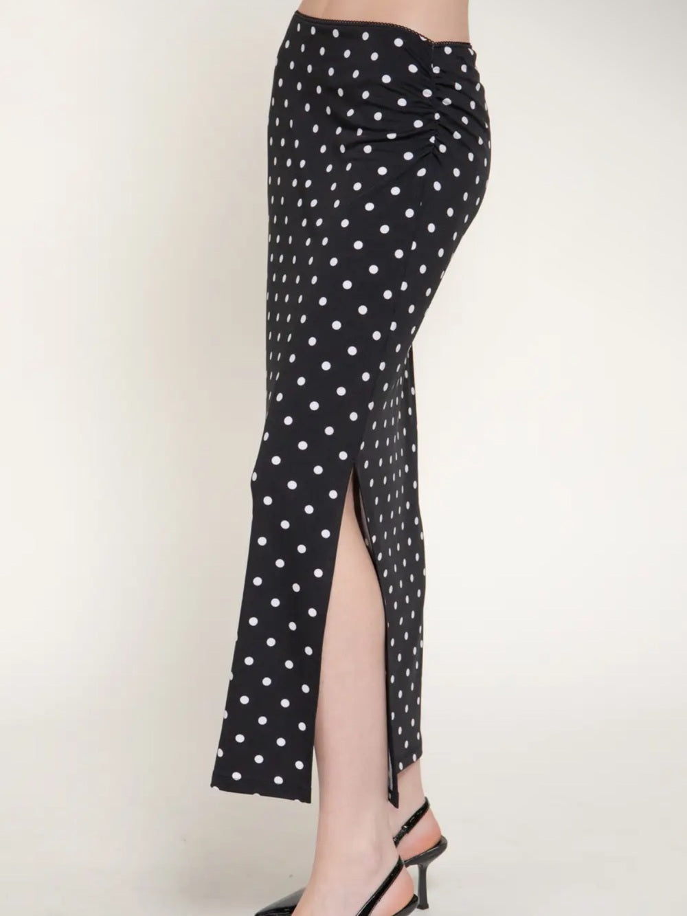 A537. Polka Dot Maxi Skirt with Side Slit - Black & White