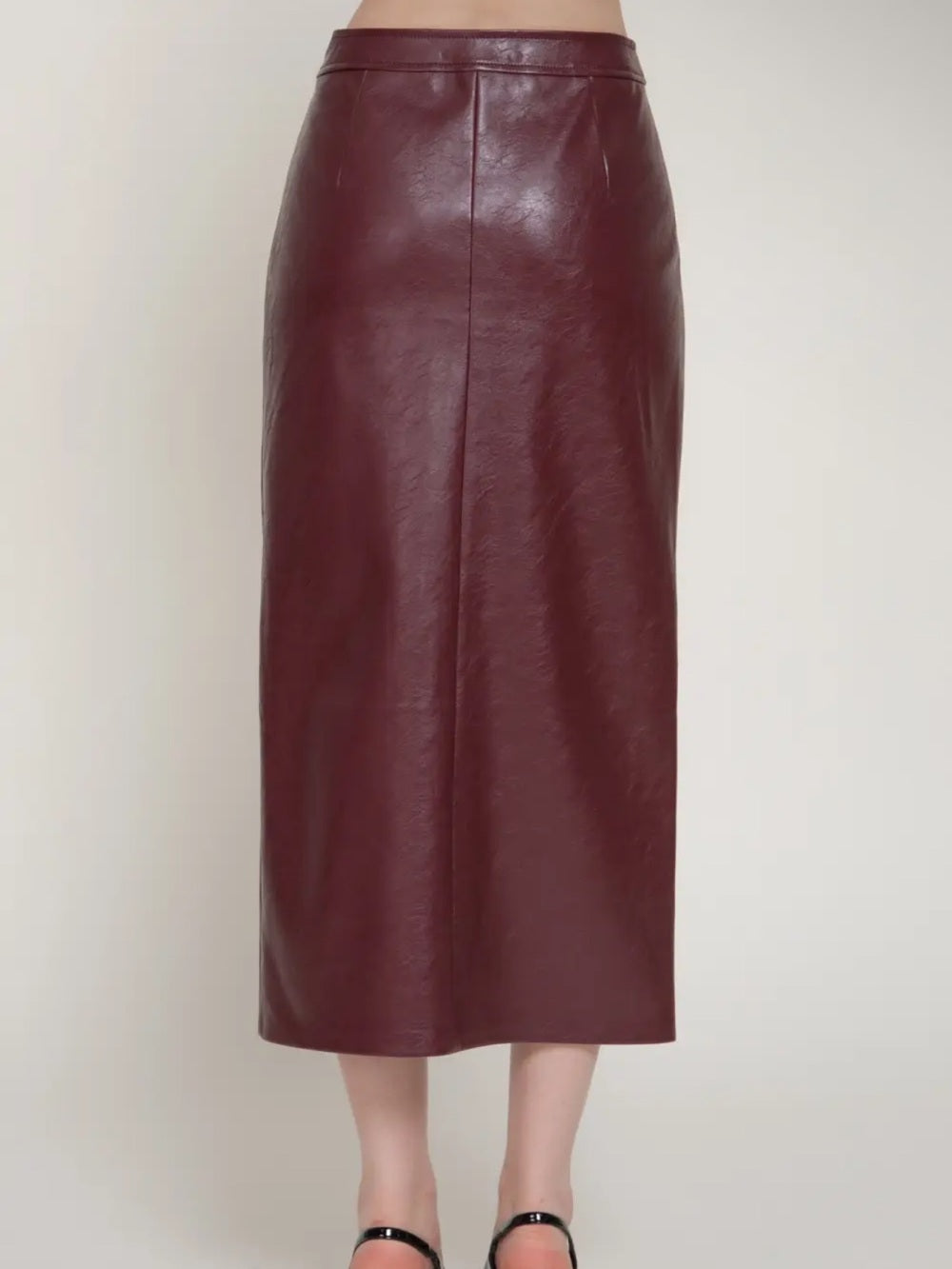 A538. Faux Leather Midi Pencil Skirt - Wine