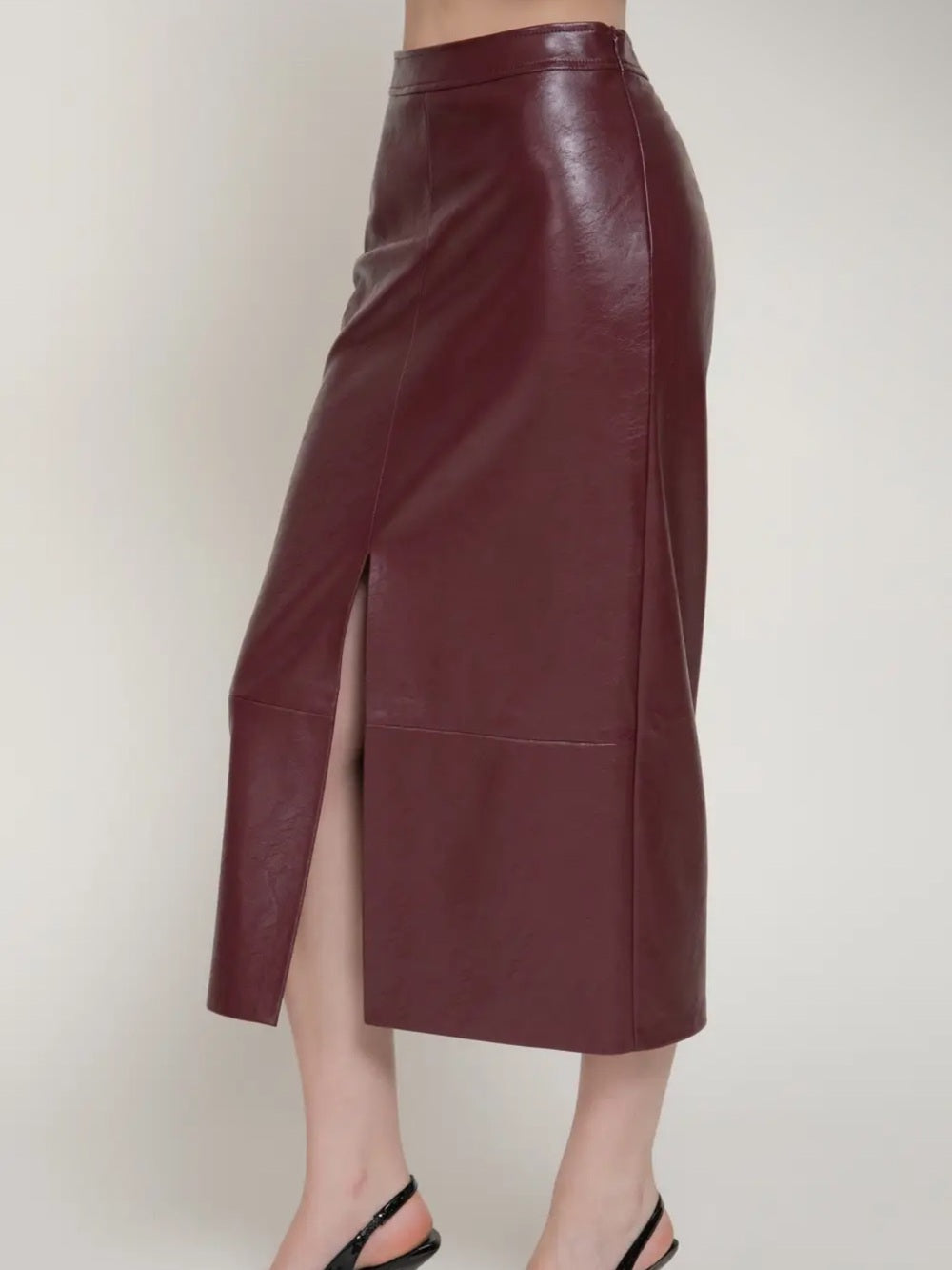 A538. Faux Leather Midi Pencil Skirt - Wine