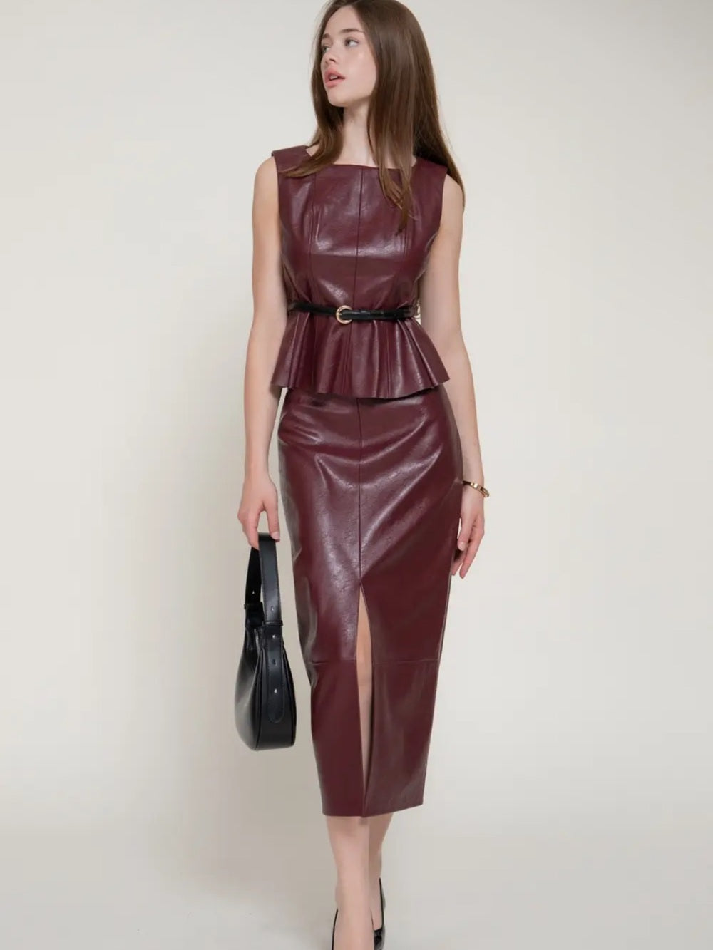 A538. Faux Leather Midi Pencil Skirt - Wine
