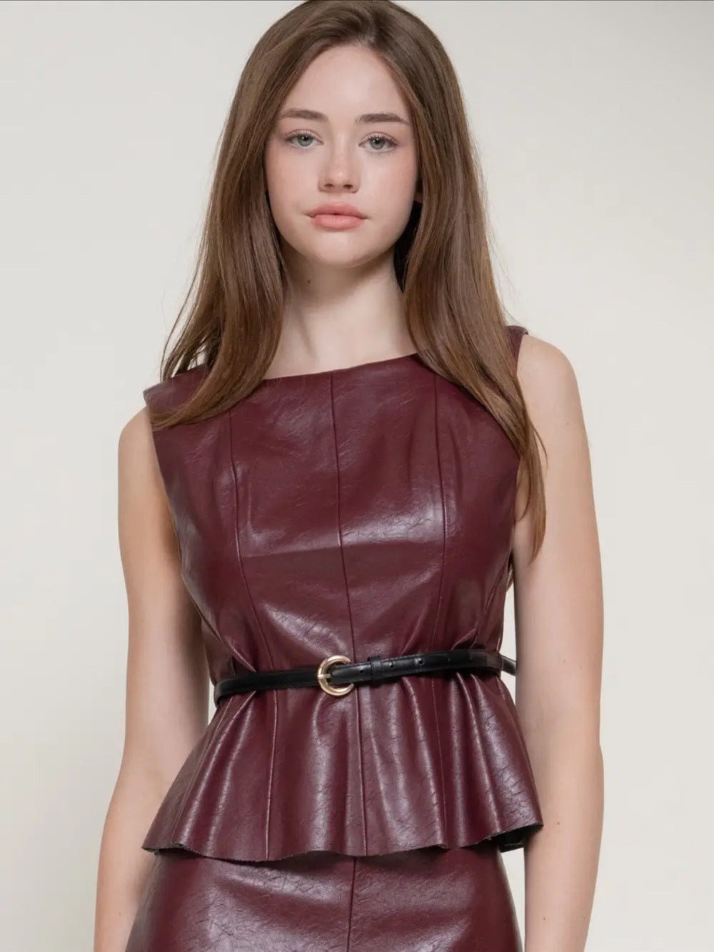 A539. Faux Leather Sleeveless Peplum Top in Deep Burgundy