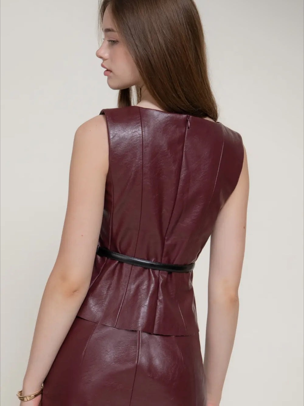 A539. Faux Leather Sleeveless Peplum Top in Deep Burgundy