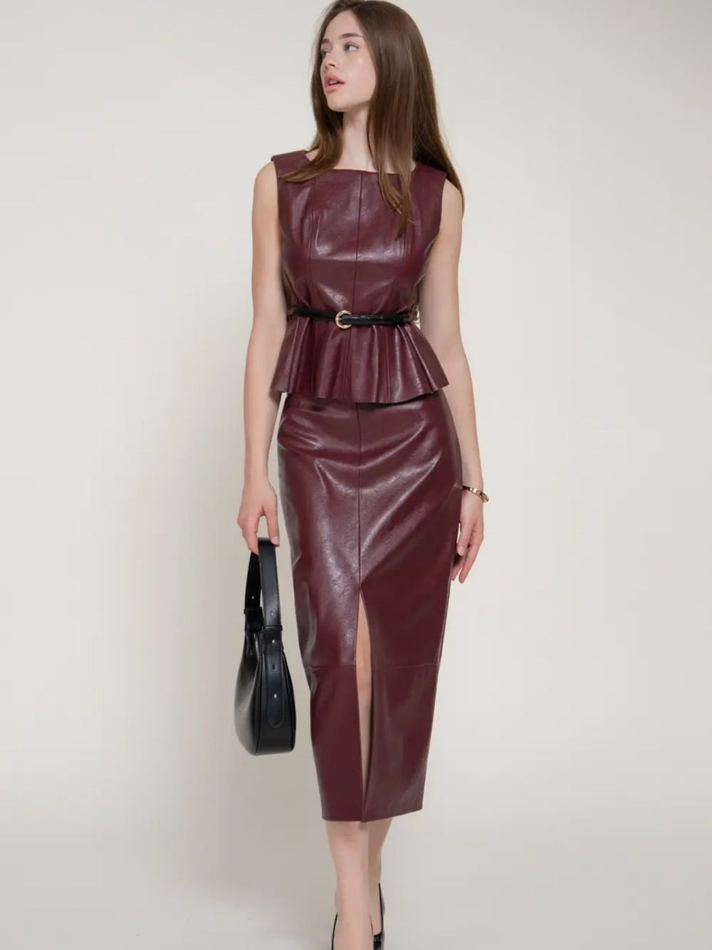 A539. Faux Leather Sleeveless Peplum Top in Deep Burgundy