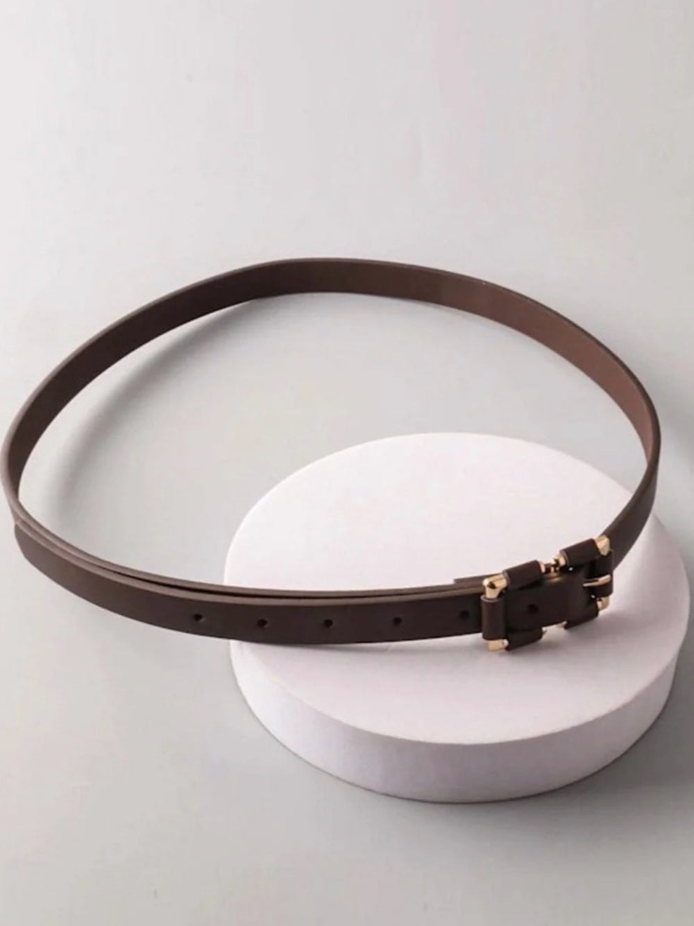 A545 Classic Brown Slim Faux Leather Belt with Gold Double Buckle