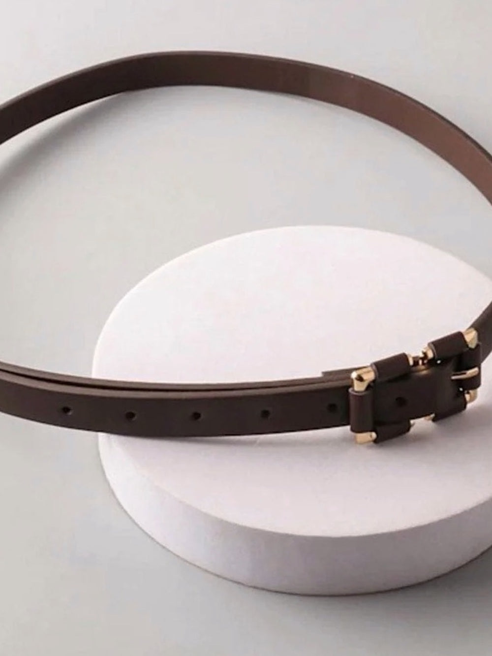 A545 Classic Brown Slim Faux Leather Belt with Gold Double Buckle