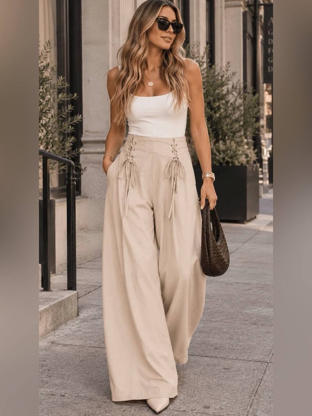 A549. Promesa Wide Leg High-Waist Lace-Up Pants - Cream