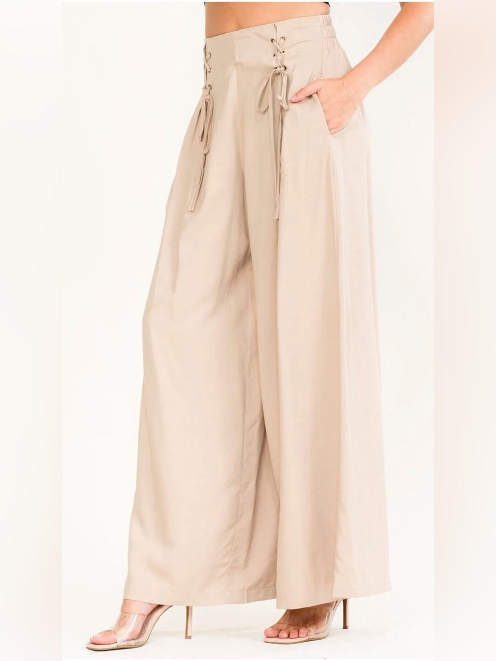 A549. Promesa Wide Leg High-Waist Lace-Up Pants - Cream