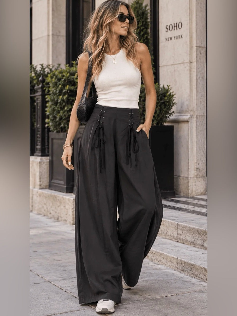 A550. Promesa Wide Leg Black Lace-Up High-Waist Pants