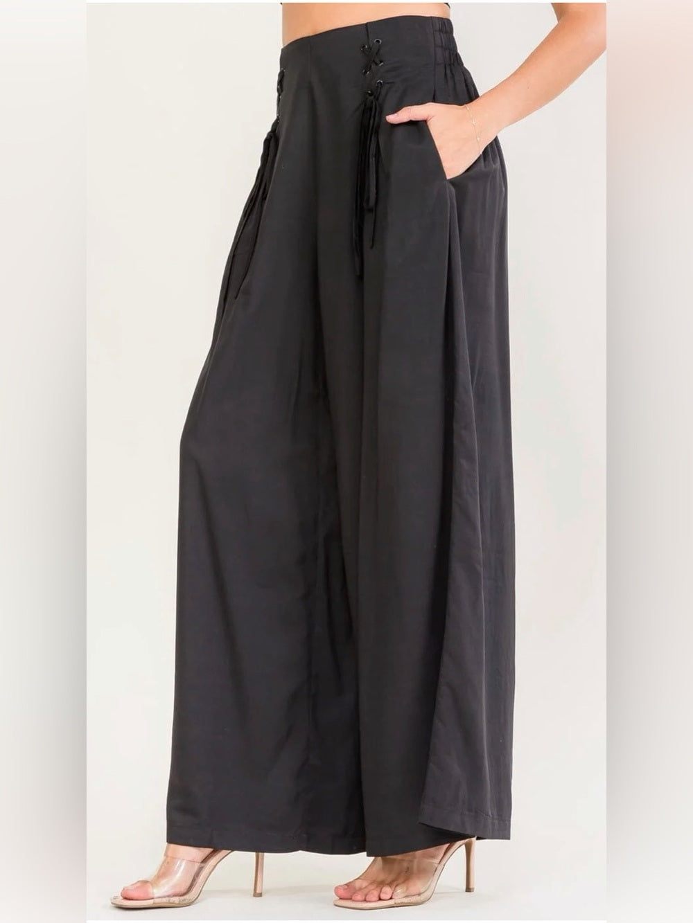 A550. Promesa Wide Leg Black Lace-Up High-Waist Pants