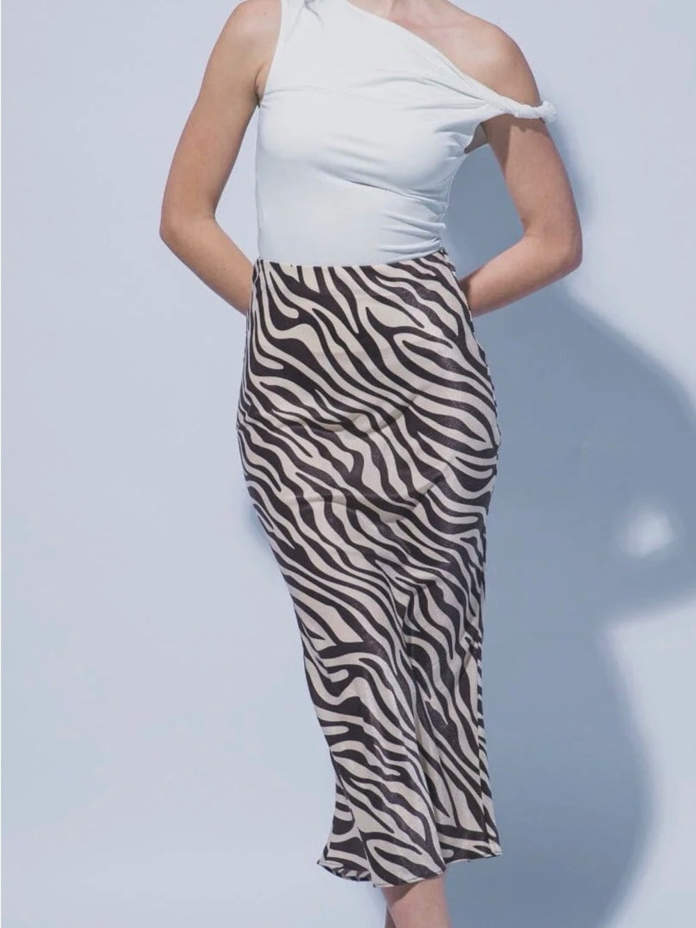 A553. Zebra Print Midi Slip Skirt - Taupe & Brown