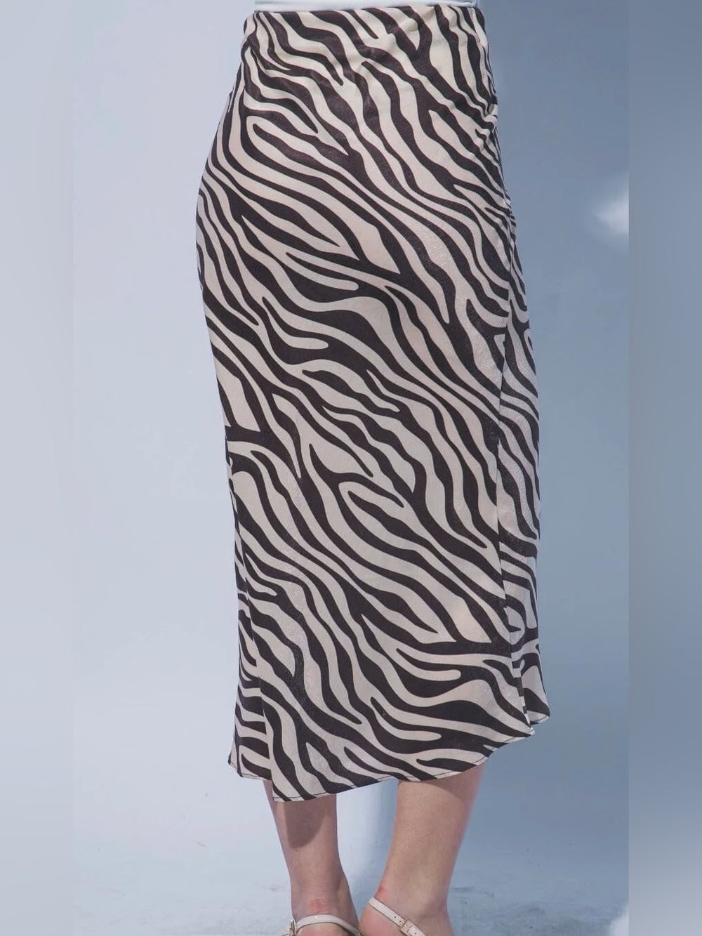 A553. Zebra Print Midi Slip Skirt - Taupe & Brown