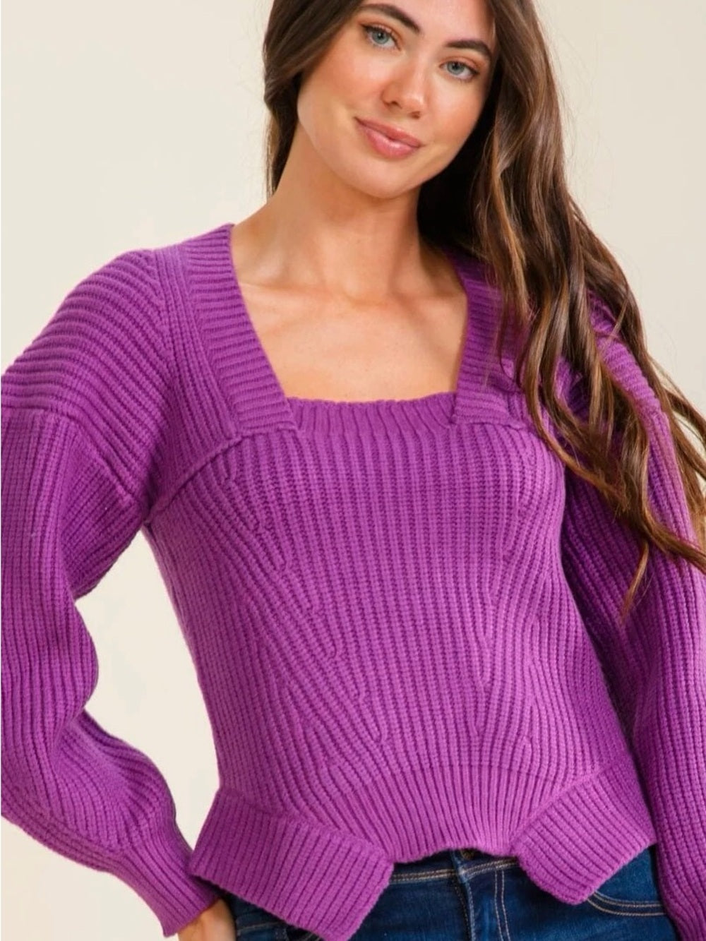 A554. Square Neck Ribbed Sweater - Purple