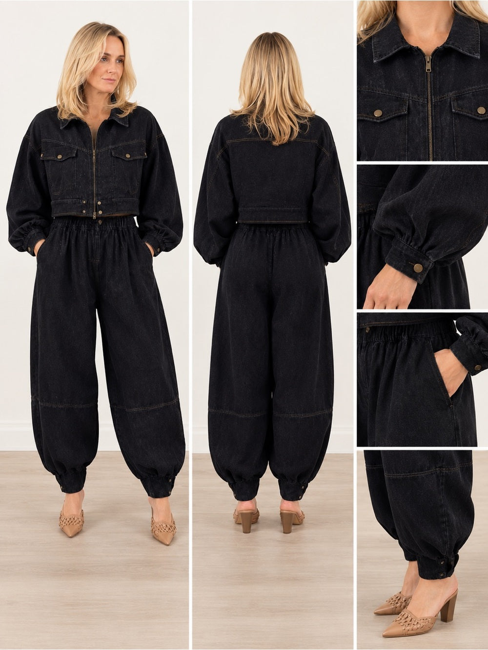 A556. Dark Blue Denim Zip-Front Jacket & Balloon Pant Set