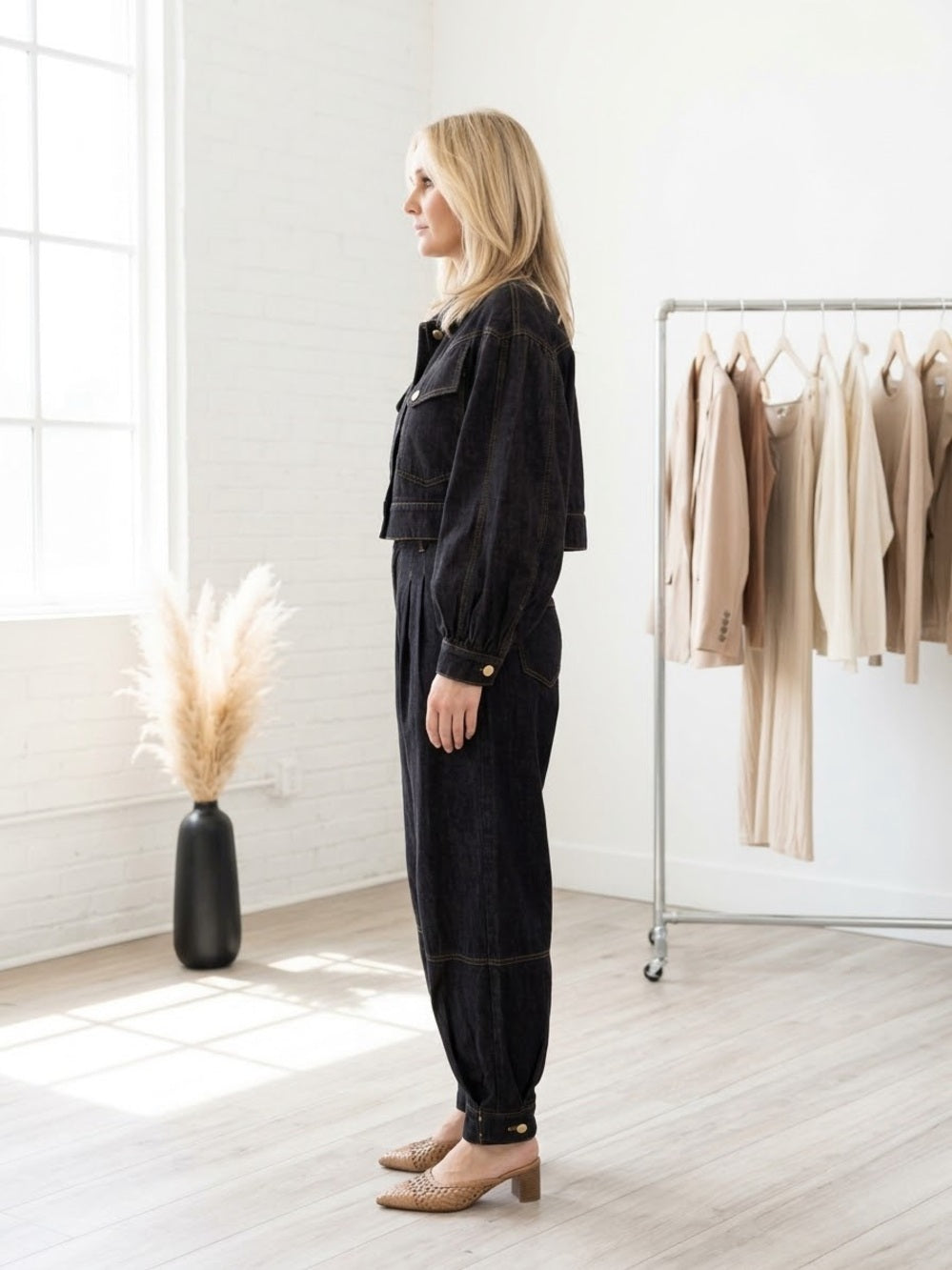 A556. Dark Blue Denim Zip-Front Jacket & Balloon Pant Set
