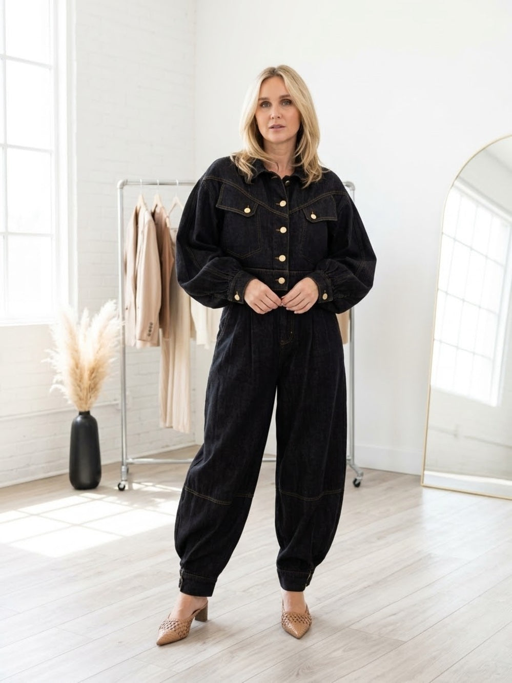 A556. Dark Blue Denim Zip-Front Jacket & Balloon Pant Set