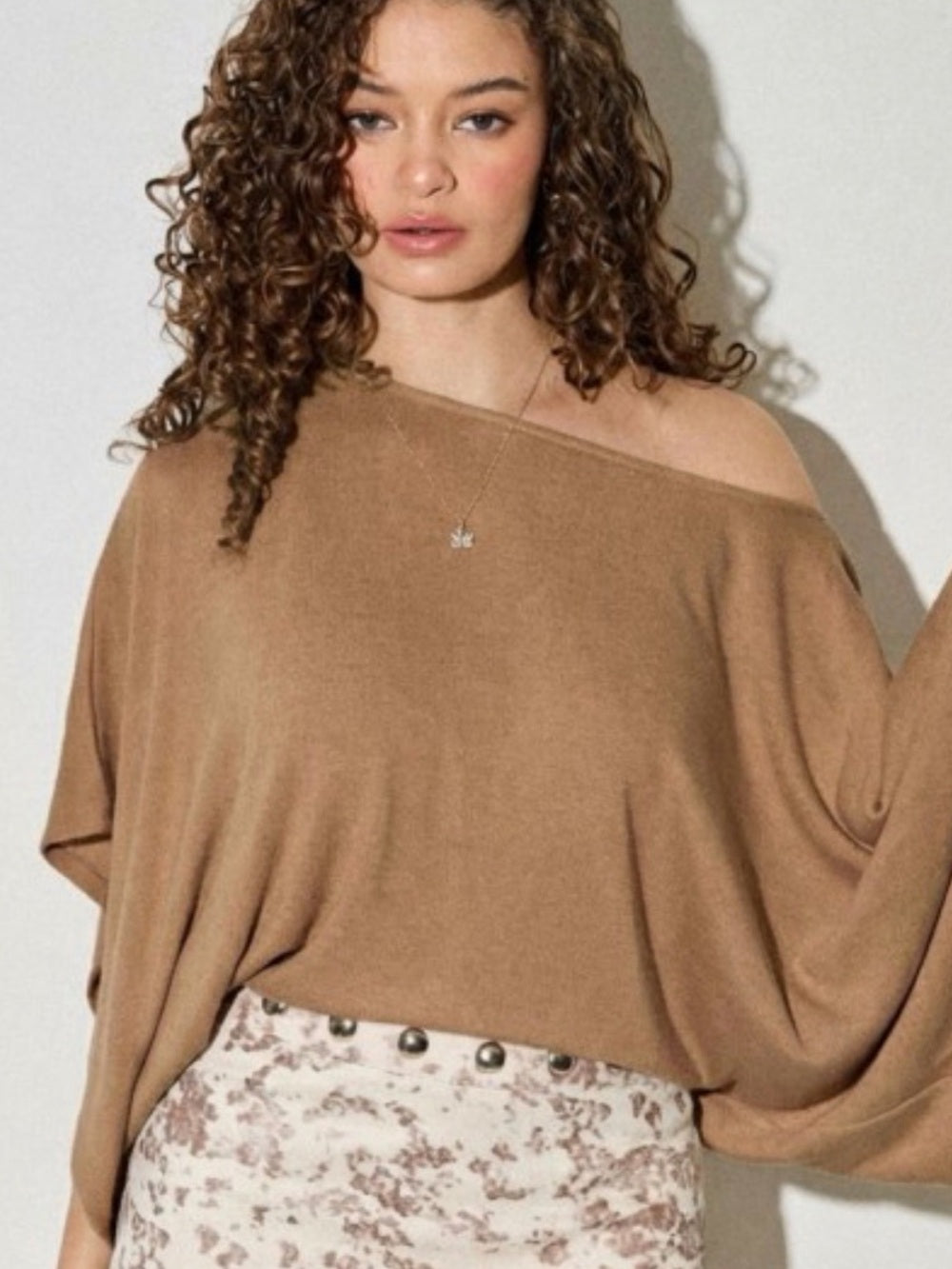 A557. Tan Off-Shoulder Dolman Sweater
