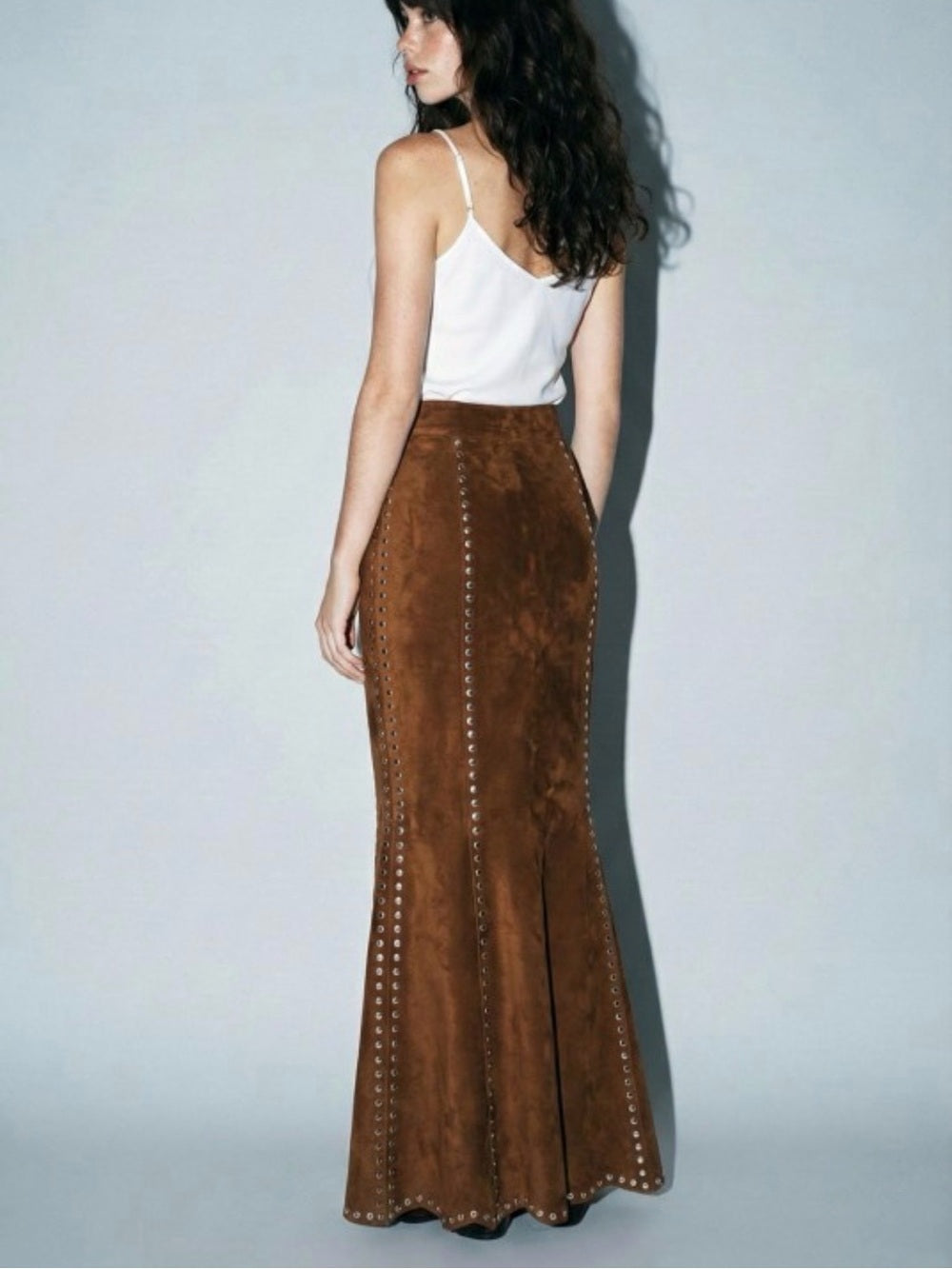 A559. Olive Suede Eyelet-Trim Maxi Skirt