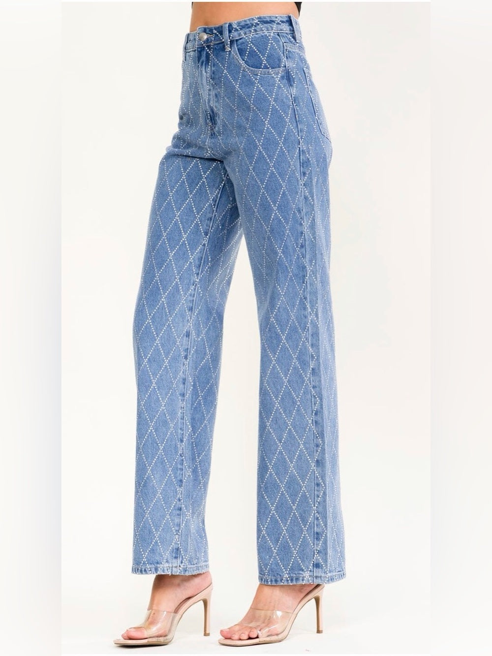 A560 Blue Diamond-Quilted High-Rise Straight Jeans