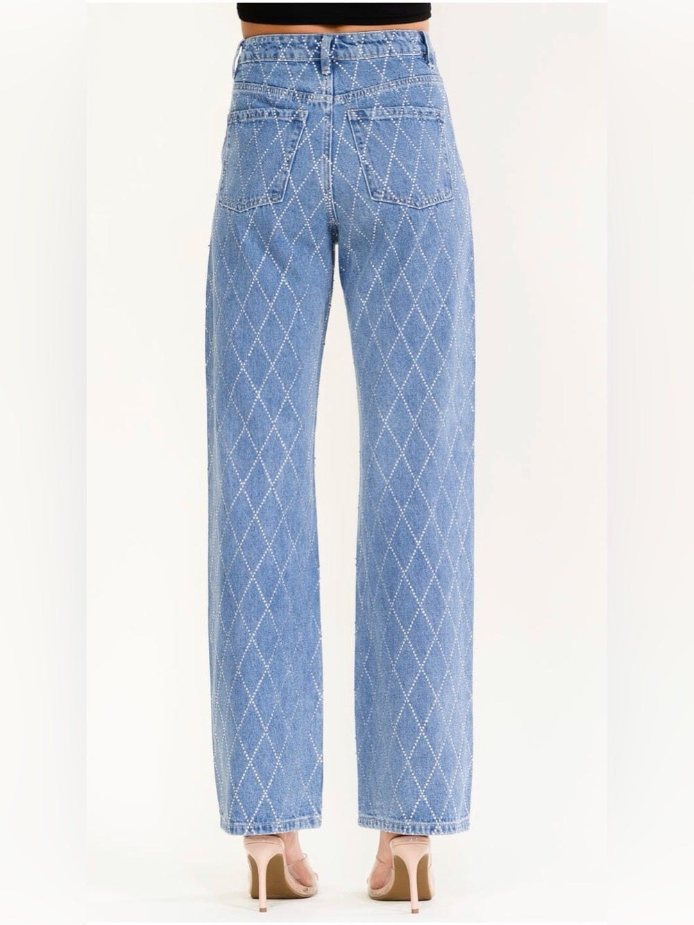 A560 Blue Diamond-Quilted High-Rise Straight Jeans