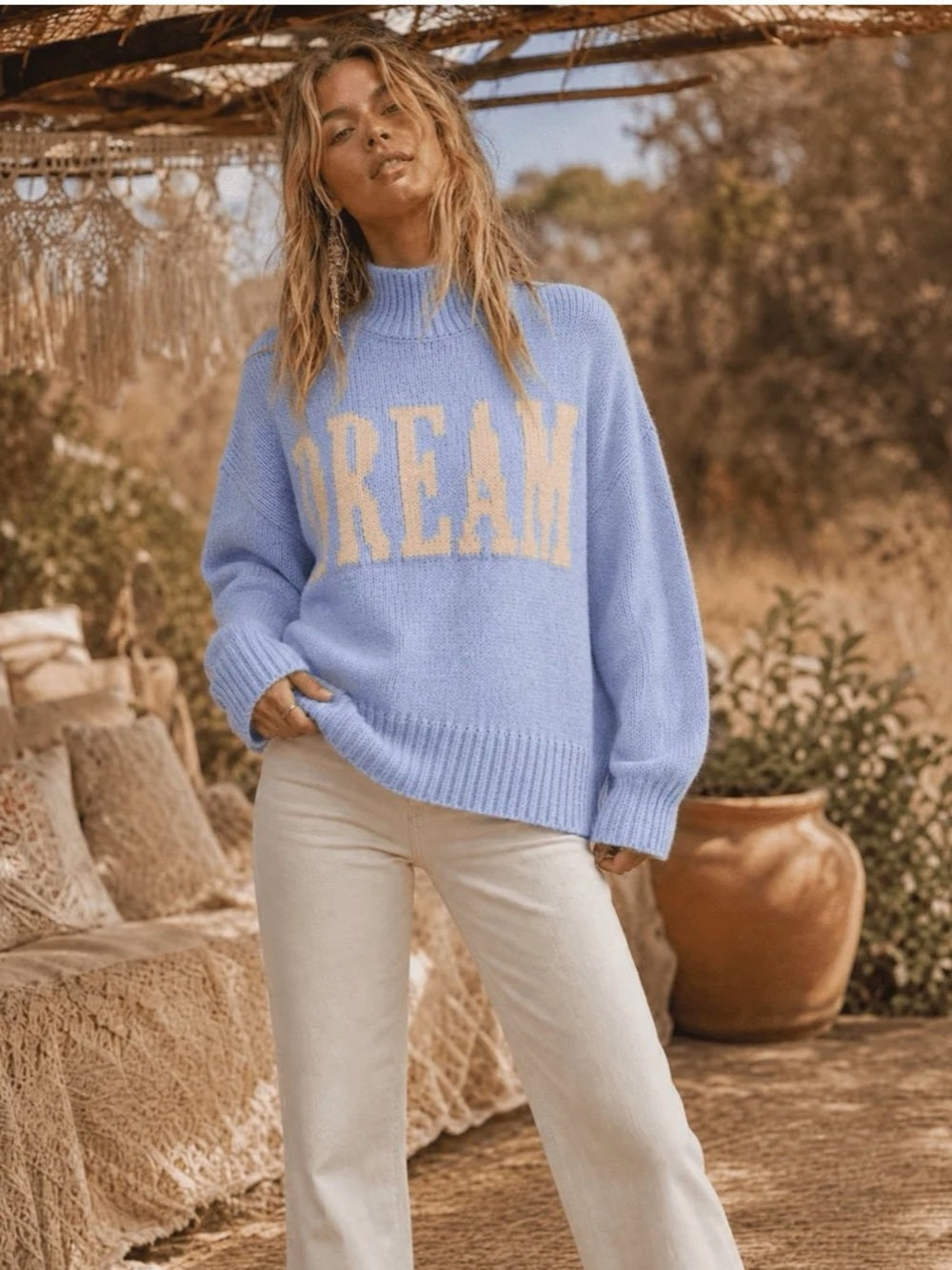 A562 ‘Dream’ Contrast-Word Cozy Knit Sky Blue Sweater