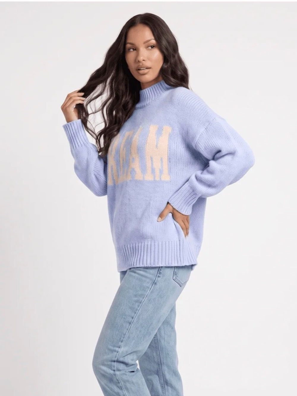 A562 ‘Dream’ Contrast-Word Cozy Knit Sky Blue Sweater