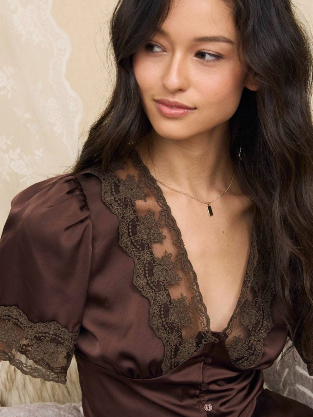 A563 Satin Lace-Trim Cropped Top - Brown