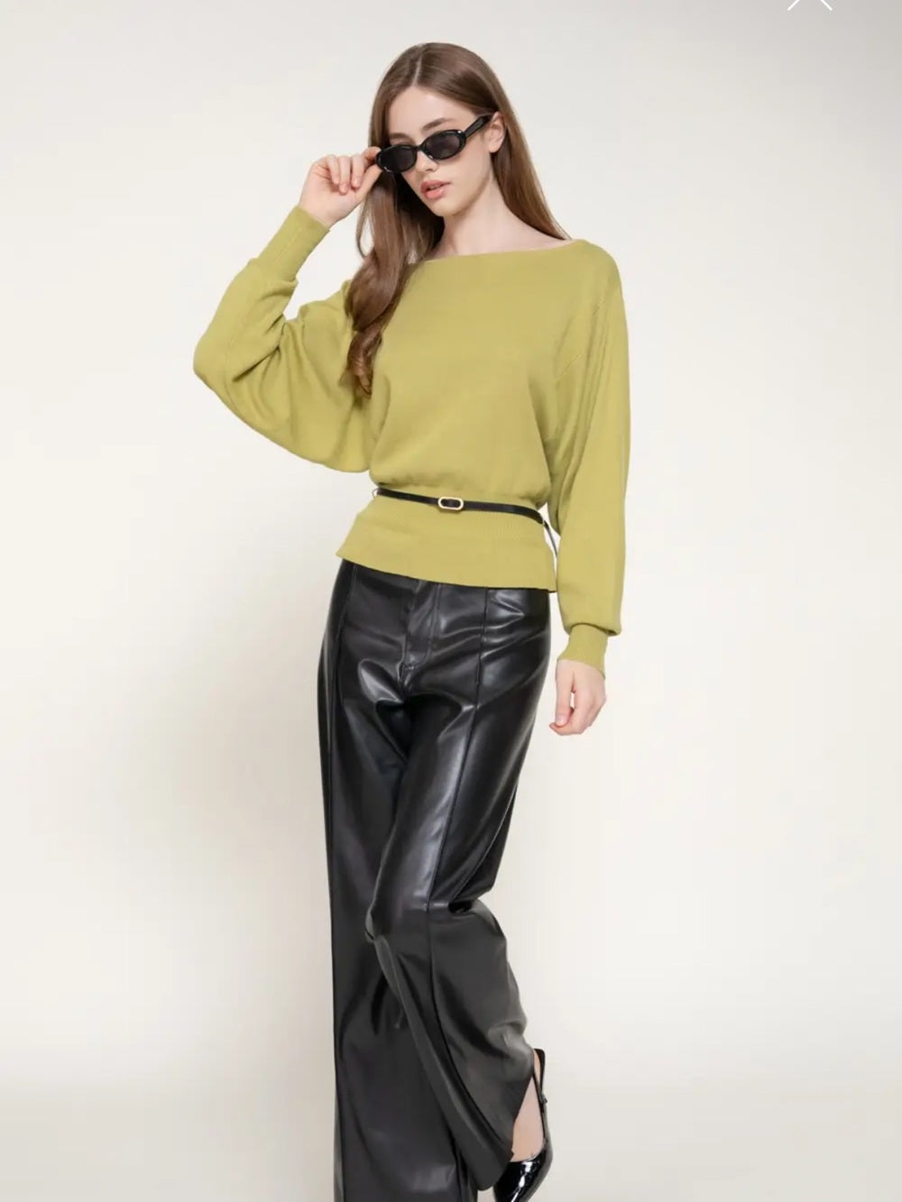 A564 Olive Green Boatneck Womens Sweater w Black Belt