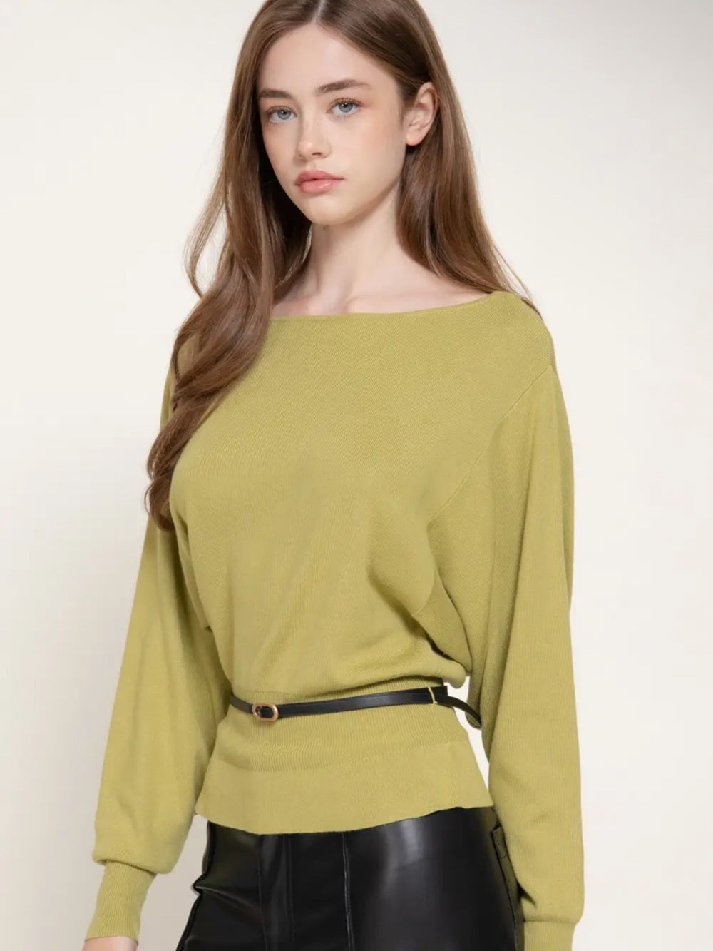 A564 Olive Green Boatneck Womens Sweater w Black Belt