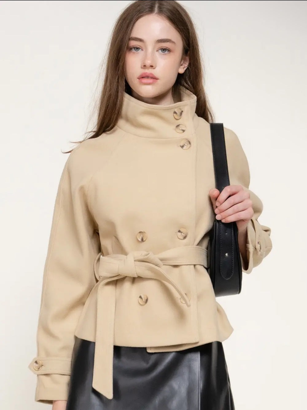 A565 Womens Belted High-Collar Felt Jacket - Beige