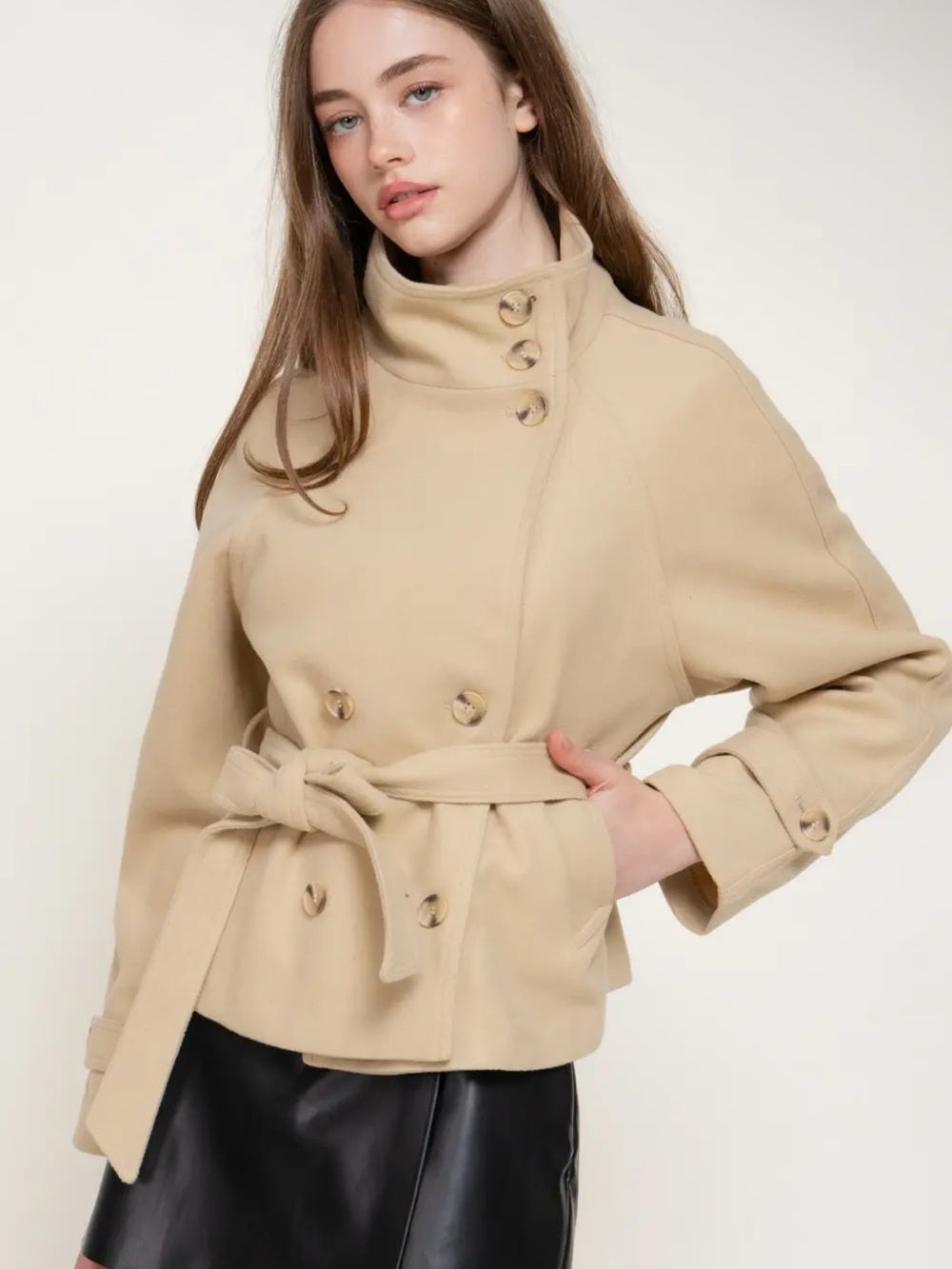 A565 Womens Belted High-Collar Felt Jacket - Beige