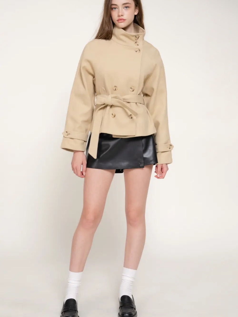 A565 Womens Belted High-Collar Felt Jacket - Beige