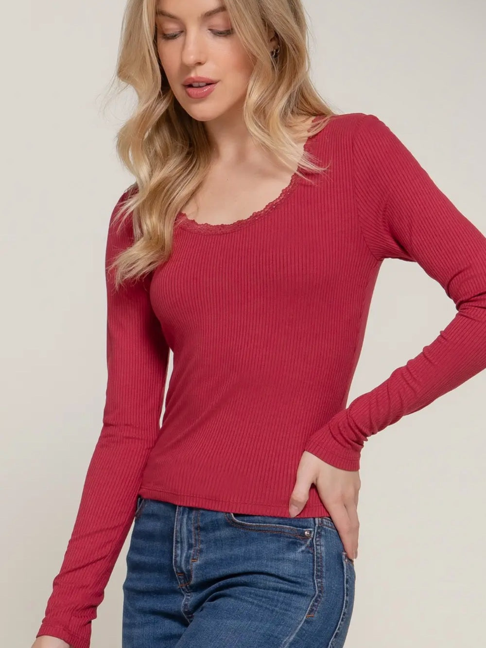 A567 Ribbed Lace-Trim Long Sleeve Top - Red