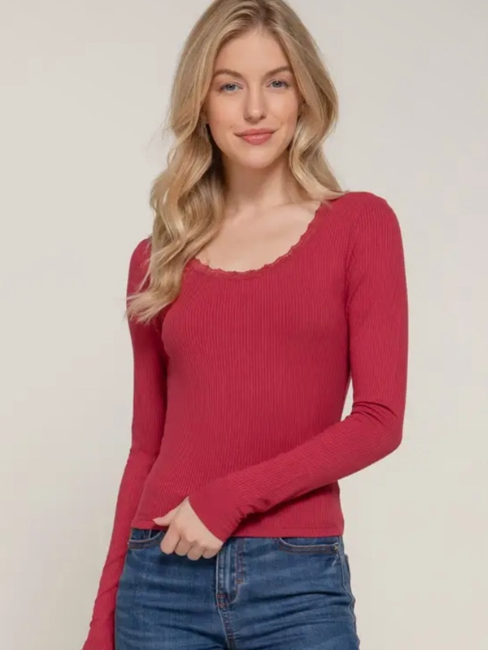 A567 Ribbed Lace-Trim Long Sleeve Top - Red