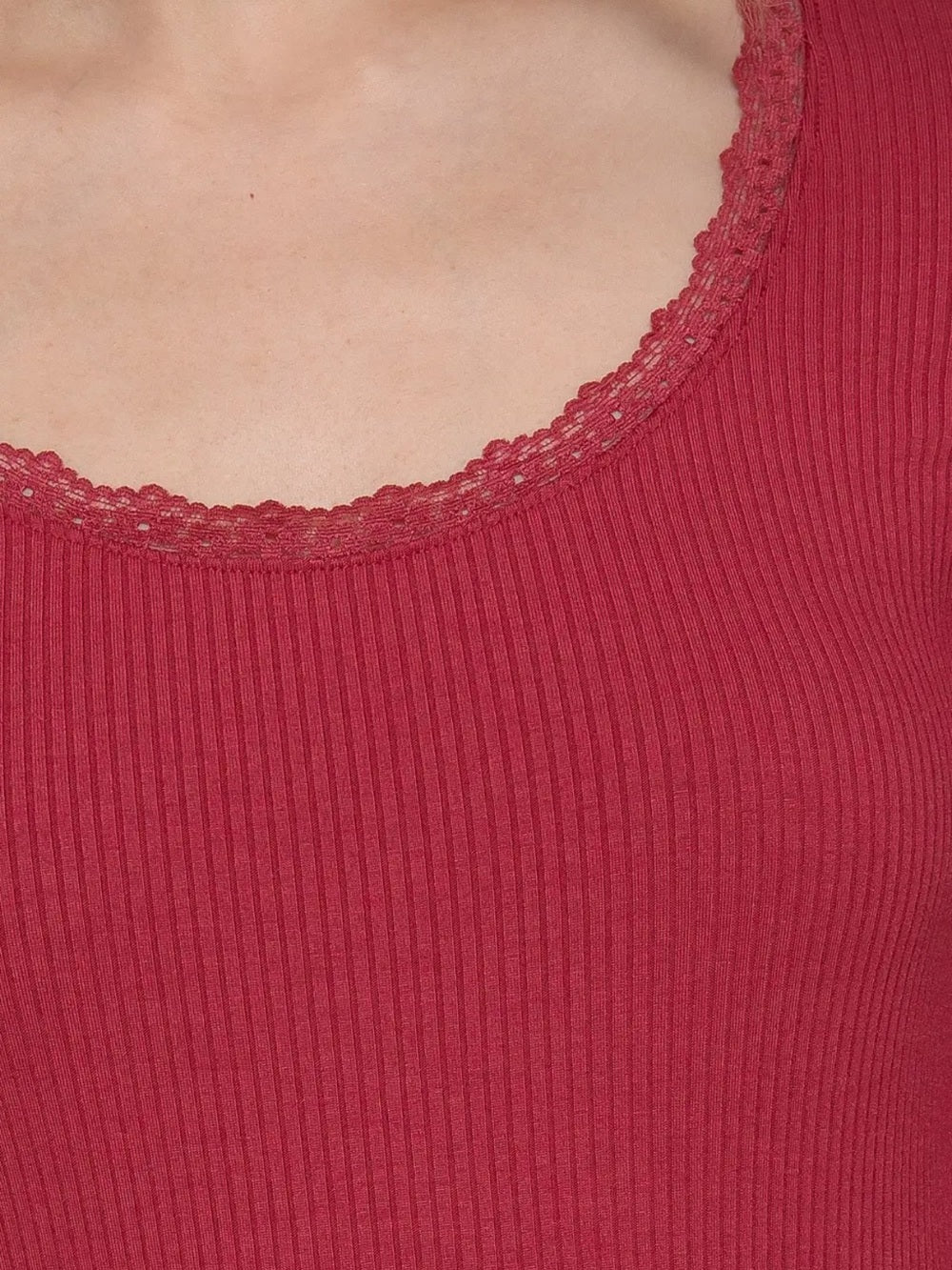 A567 Ribbed Lace-Trim Long Sleeve Top - Red