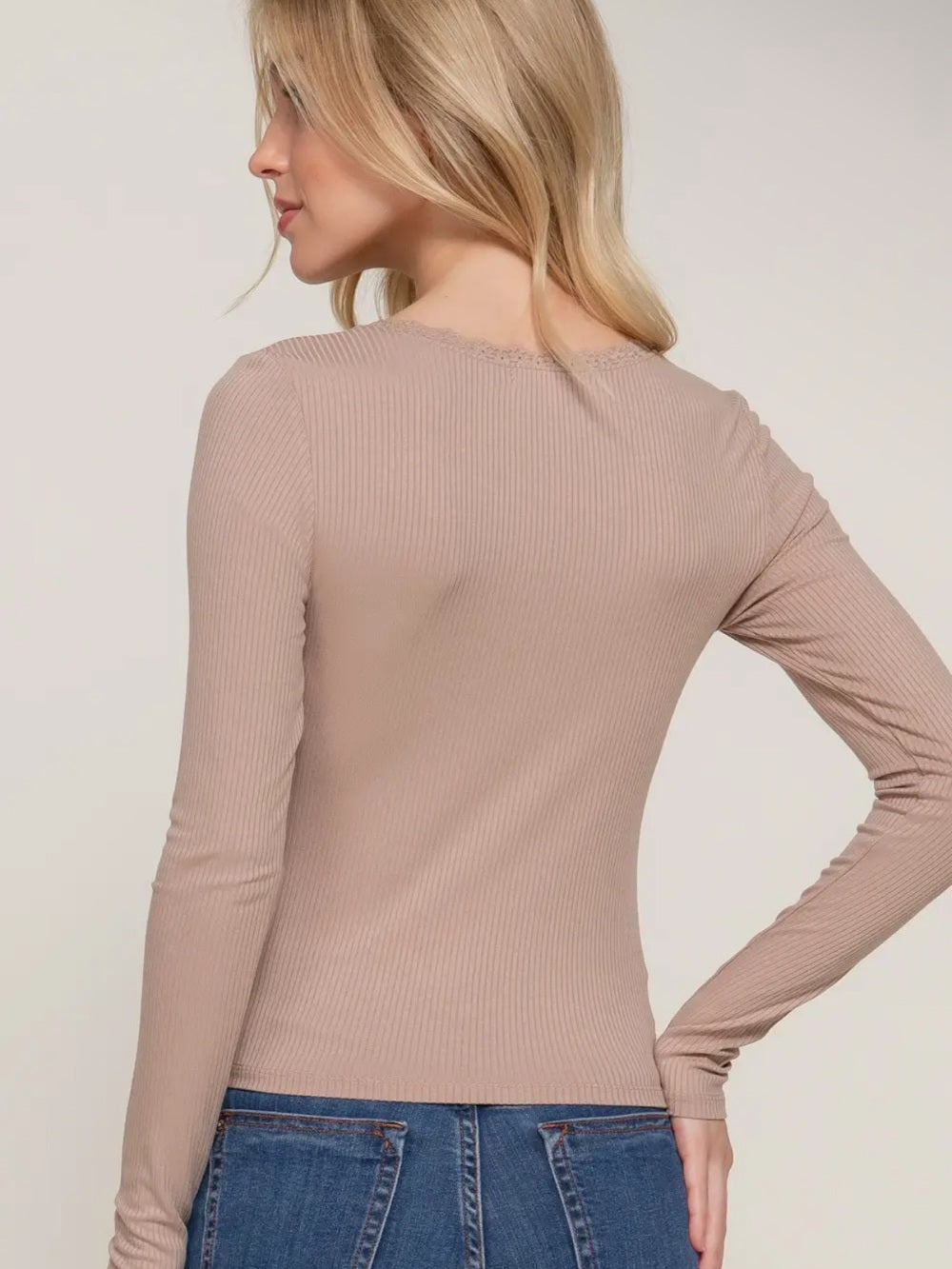 A568 Ribbed Lace-Trim Long Sleeve Top - Taupe