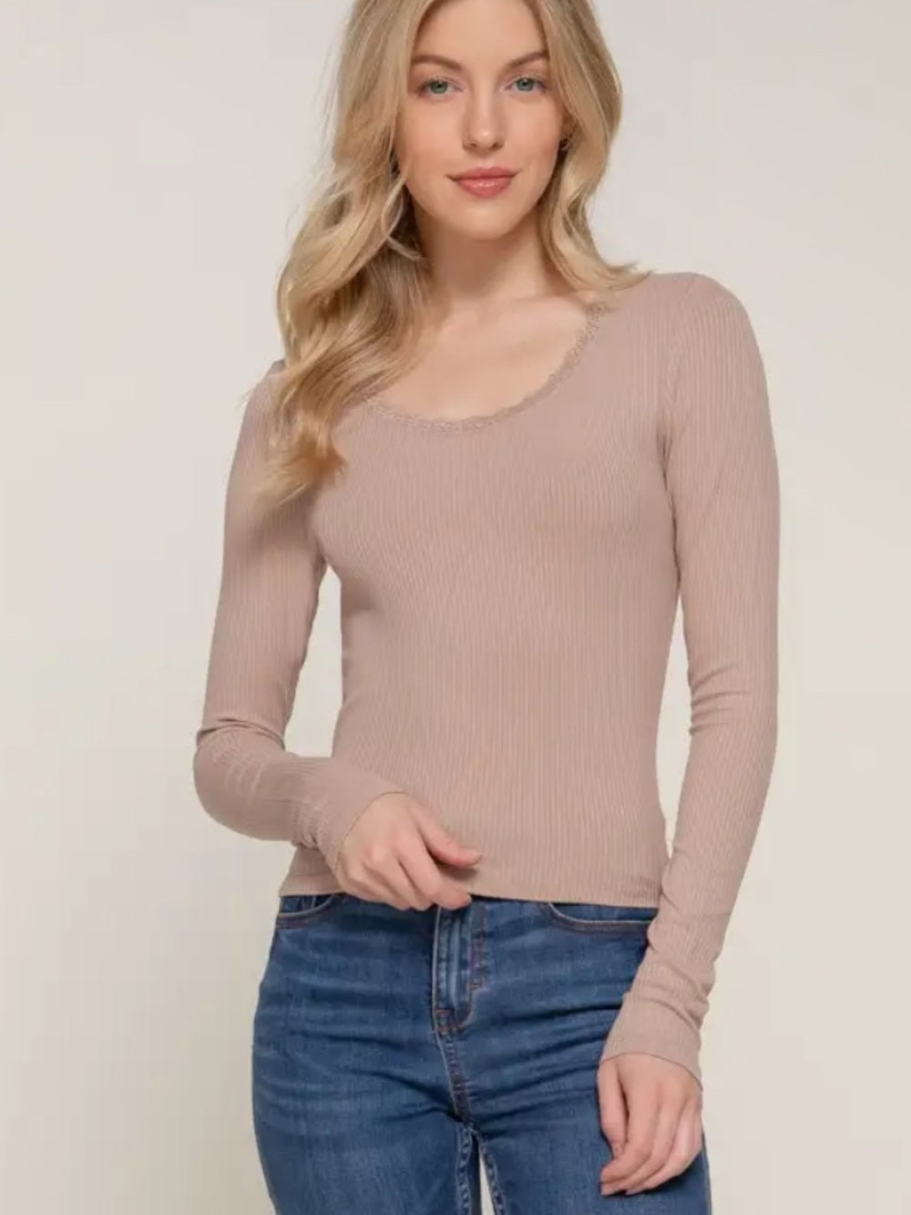 A568 Ribbed Lace-Trim Long Sleeve Top - Taupe
